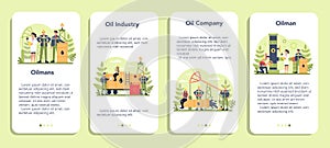 Oilman and petroleum industry mobile application banner set. Pump