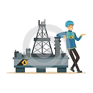 Oilman standing next to an oil rig drilling platform, oil industry extraction and refinery production vector