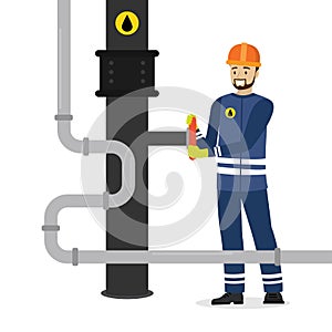 Oilman turns a pipeline valve. Oil industry and worker or engineer in special clothing and helmet. Gas or oil pipe, cartoon male