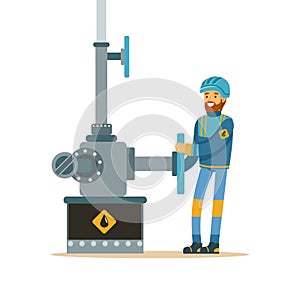 Oilman working on an oil pipeline, oil industry extraction and refinery production vector Illustration