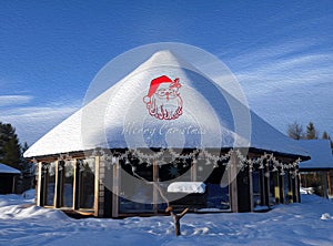 Oilpaint technic A big cottage covered by white snow roof with red santa snowy all around under blue sky season\'s greetings photo