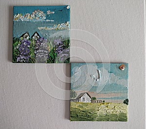oilpainting gallery miniature landscape house farm Provance village lavender flowers  background