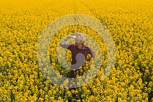 Oilseed rape farmer looking over cultivated field in bloom