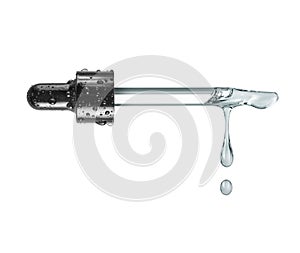 Oily drops dripping from a cosmetic pipette close up isolated on a white background