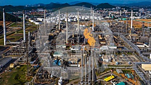 Oilâ€‹ refineryâ€‹ andâ€‹ petrochemicalâ€‹ plant industrial working with fire and blue sky background, Aerial view oil and gas