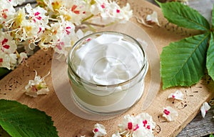Ointment or cream made from horse chestnut flowers on a table