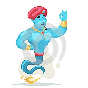 Ok gesture arabian genie turban magic lamp smoke cartoon character wish vector illustration