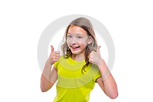 Ok gesture thumb up gunny happy kid girl on white