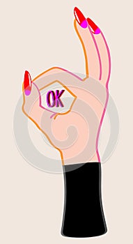 OK hand gesture. Female hand with long red nails.