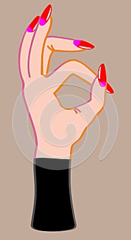 OK hand gesture. Female hand with long red nails.