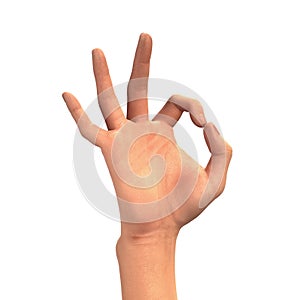 OK hand gesture showing three fingers, human limb isolated on white