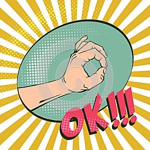 OK hand gesture, signifying agreement. Imitation retro illustrations. Vintage picture with halftones. Positive mood.