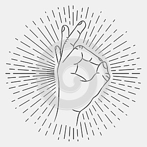 OK hand sign. Okay gesture. Hand-drawing illustration with hipster sunburst, vector.