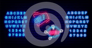 Ok and Oops neon clouds. Confused concept. Comic speech bubbles signs pack. Shiny blue alphabet. Vector illustration