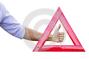 Ok in red warning triangle sign on road