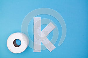 Ok sign by toilet paper roll on a blue background. Don`t worry, be happy, stay home