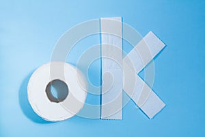 Ok sign by toilet paper roll on a blue background. Don`t worry, be happy, stay home
