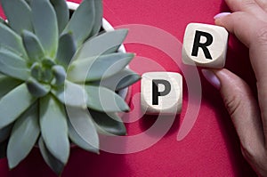 Ok symbol. Concept word Ok on wooden cubes. Businessman hand. Beautiful red background with succulent plant. Business and Ok