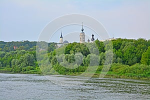 Oka river and domes of Church of Our Lady of Kazan and Trinity Cathedral in Kaluga city, Russia