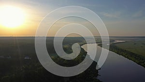 Oka River, Meadow and Forest at Sunrise in Summer. Russia. Aerial View