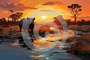 Okavango delta dusk, Hippos wallow in silhouette as the sun sets