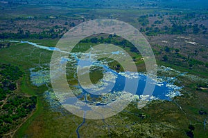 Okavango lake. Travel in Botswana. Africa aerial landscape, green river, Okavango delta in Botswana. Lakes and rivers, view from