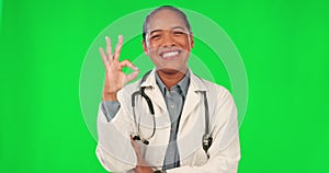 Okay hands, doctor and woman on green screen in healthcare success, support or excellence of services. Happy face of