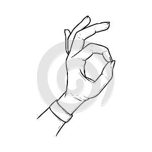 Okay sign meaning acception and perfection. Ok hand gesture isolated in white background. Vector illustration