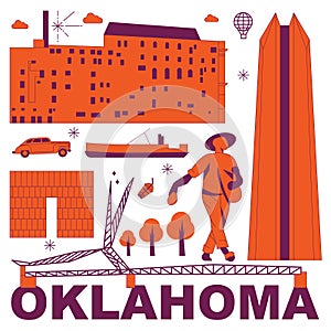 Oklahoma culture travel set, American famous architectures, USA in flat design. Business travel and tourism concept clipart. Image