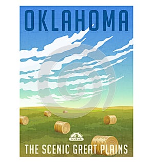 Oklahoma field with round hay bales poster photo