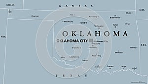 Oklahoma, OK, gray political map, US state, nicknamed Native America