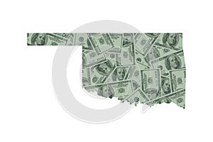 Oklahoma State Map Outline and United States Money Concept, Hundred Dollar Bills