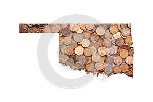 Oklahoma State Map Outline and United States Money Concept, Piles of One Cent Coins, Pennies