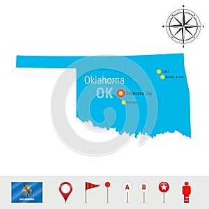 Oklahoma Vector Map Isolated on White Background. High Detailed Silhouette of Oklahoma State. Official Flag of Oklahoma