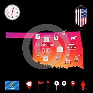 Oklahoma Vector Map, Night View. Compass Icon, Map Navigation Elements. Pennant Flag of the USA. Industries Icons