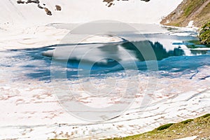 Okoto lake in the Rila mountain, Bulgaria covered with melting ice