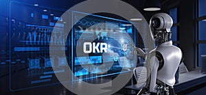 OKR Objective key results. Robot pressing button on virtual screen. 3d render