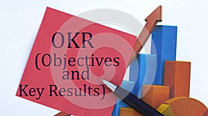 OKR word on a red sheet of paper with a pen on the background of the graph