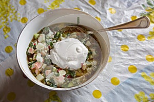 Okroshka with kvass and sour cream.