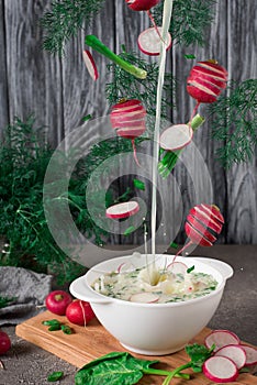 Okroshka. Summer yoghurt cold soup with flying ingredients, cucumber, and dill on woodwn background, top view. Freeze motionradish