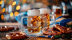 Oktoberfest background with Bavarian blue and white lozenges, pretzels, and wheat beer glasses photo