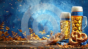 Oktoberfest background with Bavarian blue and white lozenges, pretzels, and wheat beer glasses photo