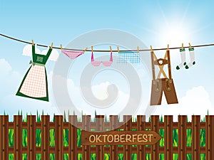Oktoberfest background, dirndl, lederhosen, panties, lingerie on clothes line