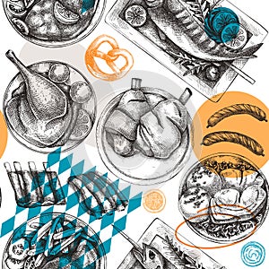 Oktoberfest background. German cuisine menu design. Pretzel, roast pork, ham hocks, sausages, ribs, grilled fish on table. Grilled