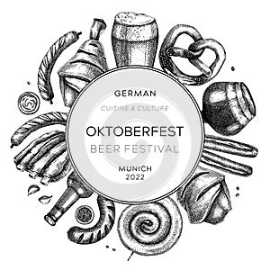 Oktoberfest background. German food and drinks menu design. Meat dishes sketches. German cuisine vintage wreath. Traditional beer