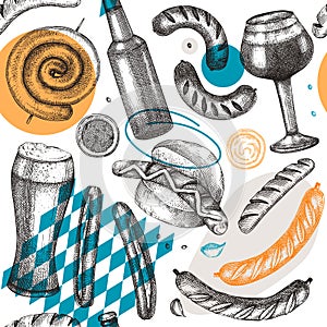 Oktoberfest background with grilled sausage and beer sketches. Hand-drawn fast food illustration. Barbeque party sketched design.