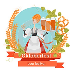 Oktoberfest banner with funny cartoon character in a wreath of barley and hops. A girl with glasses of beer and pretzel