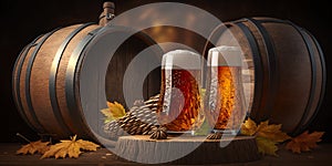 Oktoberfest beer barrel and beer glasses with wheat and hops on wooden table. Generative AI