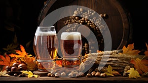 Oktoberfest Beer Barrel, Glasses, Wheat, And Hops