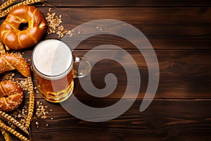 Oktoberfest beer festival background with large beer and a pretzel snack against a wooden background